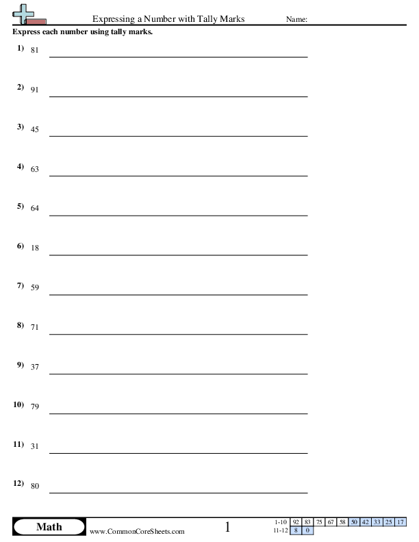 Expressing a Number with Tally Marks Worksheet - Expressing a Number with Tally Marks worksheet